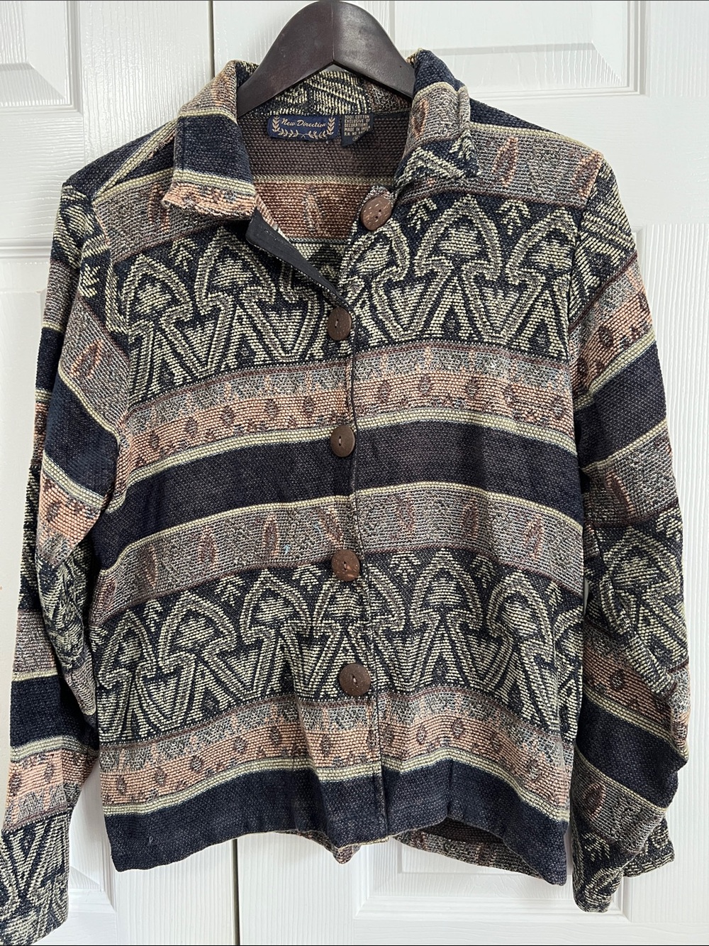 new directions Navy & Taupe Patterned Button-Front Jean Jacket